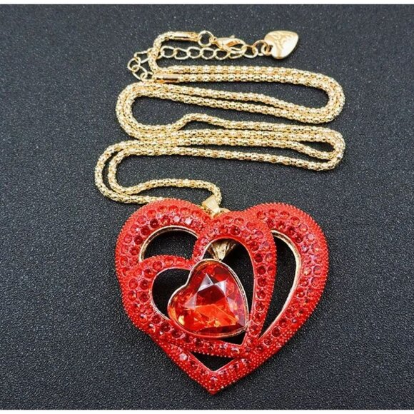 Betsey Johnson Jewelry - Betsey Johnson Necklace Red Crystal Heart Pendant Gold Tone